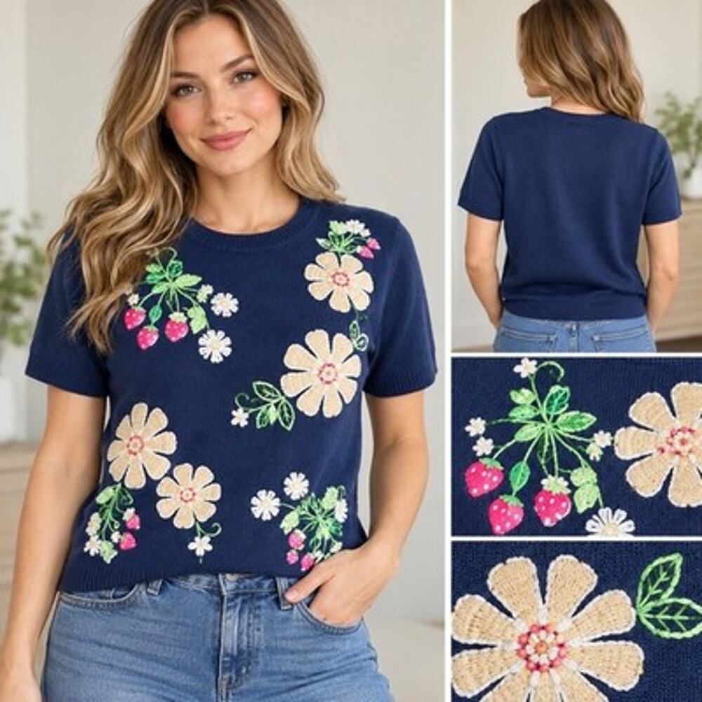 Alfred Dunner Strawberry Floral Embroidered Sweater Womens S Navy Cottagecore